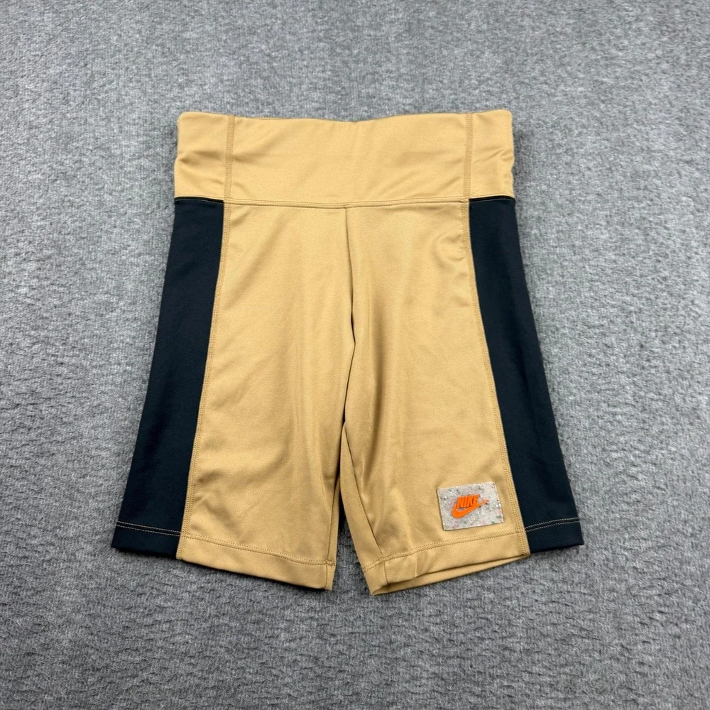 Nike Dri-FIT Womens Biker Shorts Tan Black High Waist Zip Pocket Small 202201190